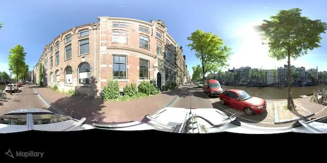 An equirectangular panorama is a distorted 2D projection in which straight lines in 3D appear curved